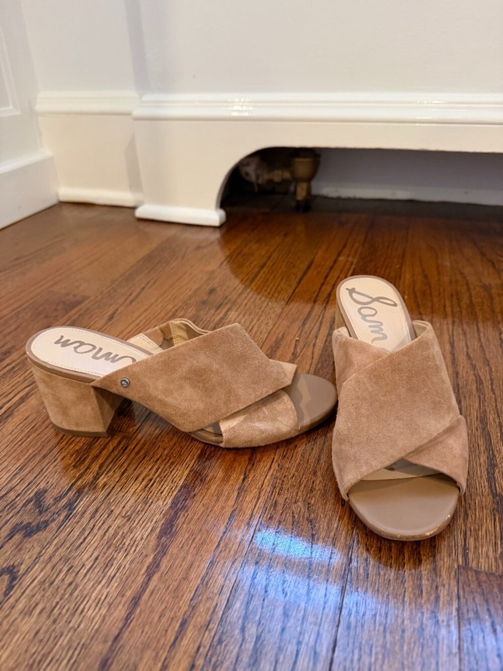 Sam Edelman Camel Suede Crossover Block Heel Mule Slide Sandals Size 6.5